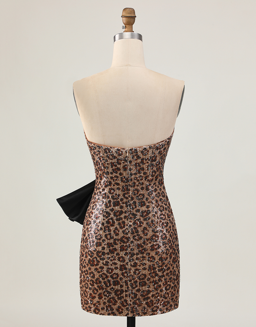 Sparkly Brown Leopard Sequin Short Bodycon Homecoming Dress with Bow