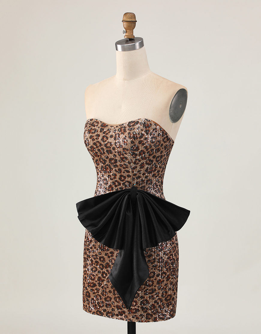 Sparkly Brown Leopard Sequin Short Bodycon Homecoming Dress with Bow