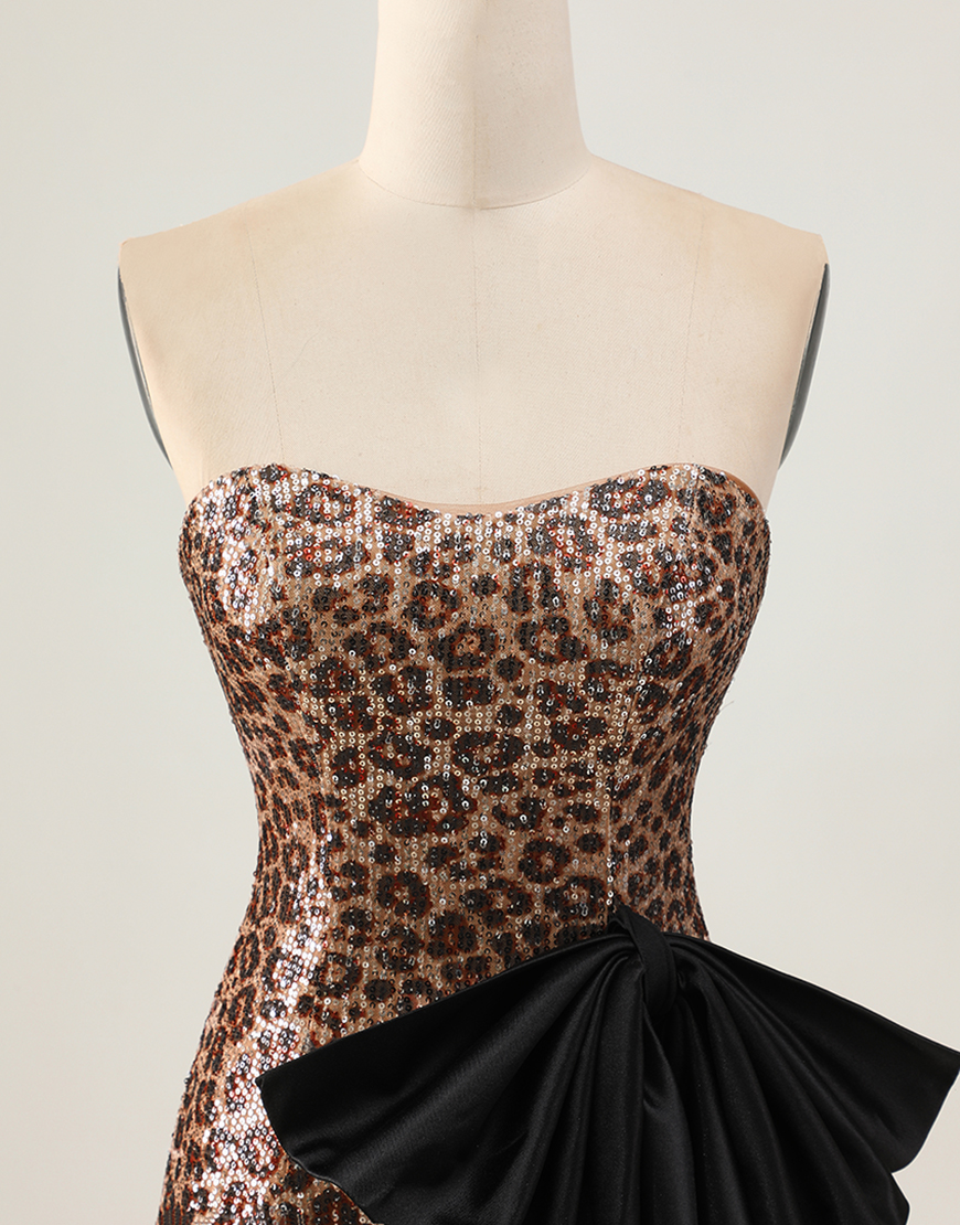 Sparkly Brown Leopard Sequin Short Bodycon Homecoming Dress with Bow