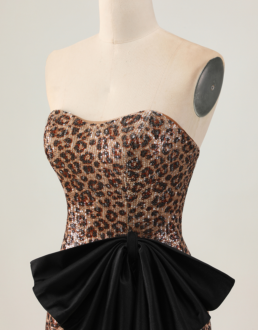 Sparkly Brown Leopard Sequin Short Bodycon Homecoming Dress with Bow