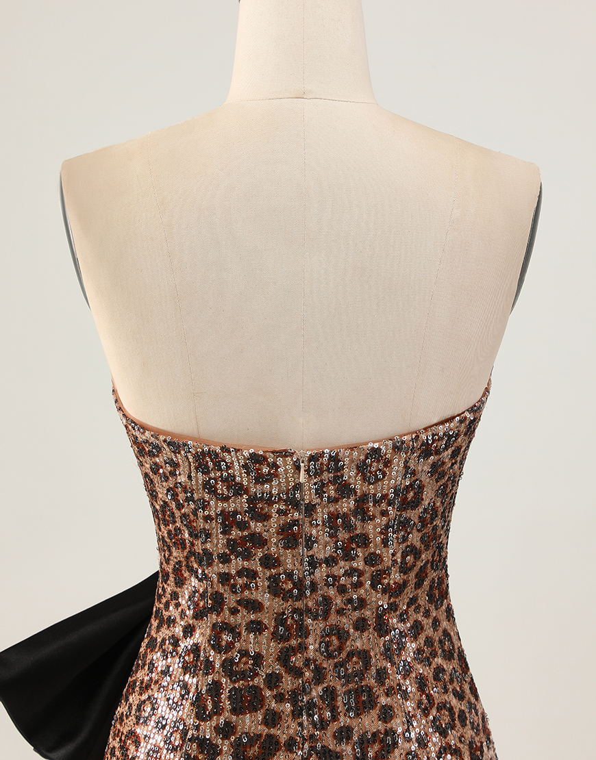 Sparkly Brown Leopard Sequin Short Bodycon Homecoming Dress with Bow
