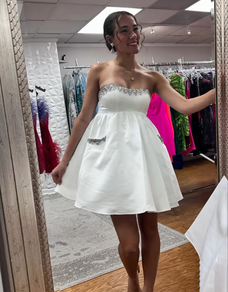 Sparkly White A Line Short Strapless Homecoming Dress with Beading