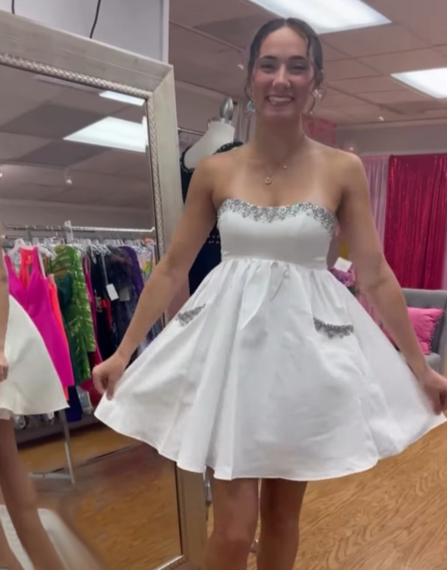 Sparkly White A Line Short Strapless Homecoming Dress with Beading