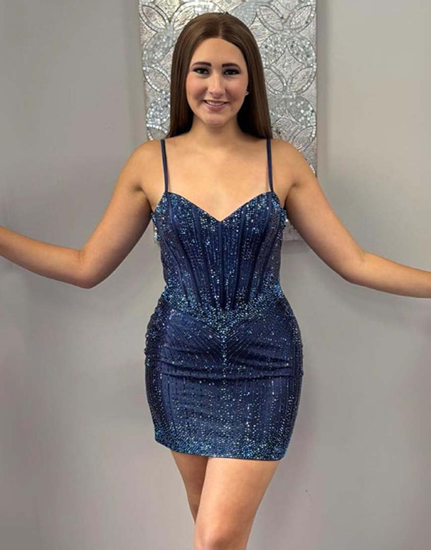 Sparkly Navy Tight Short Corset Homecoming Dress with Beading