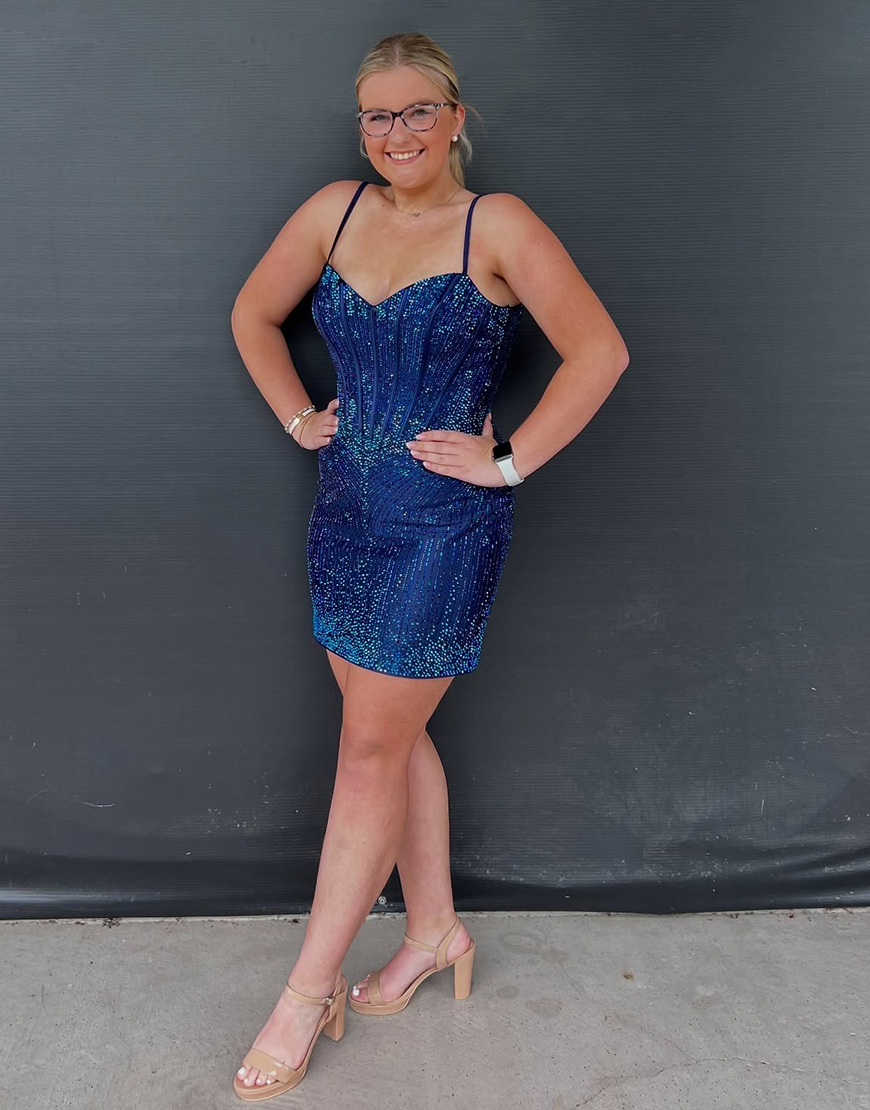 Sparkly Navy Tight Short Corset Homecoming Dress with Beading