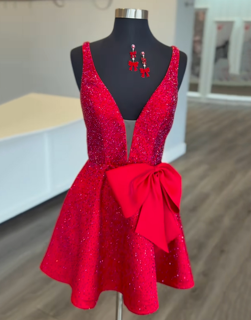 Sparkly Red A Line Beaded Short Homecoming Dress with Bow