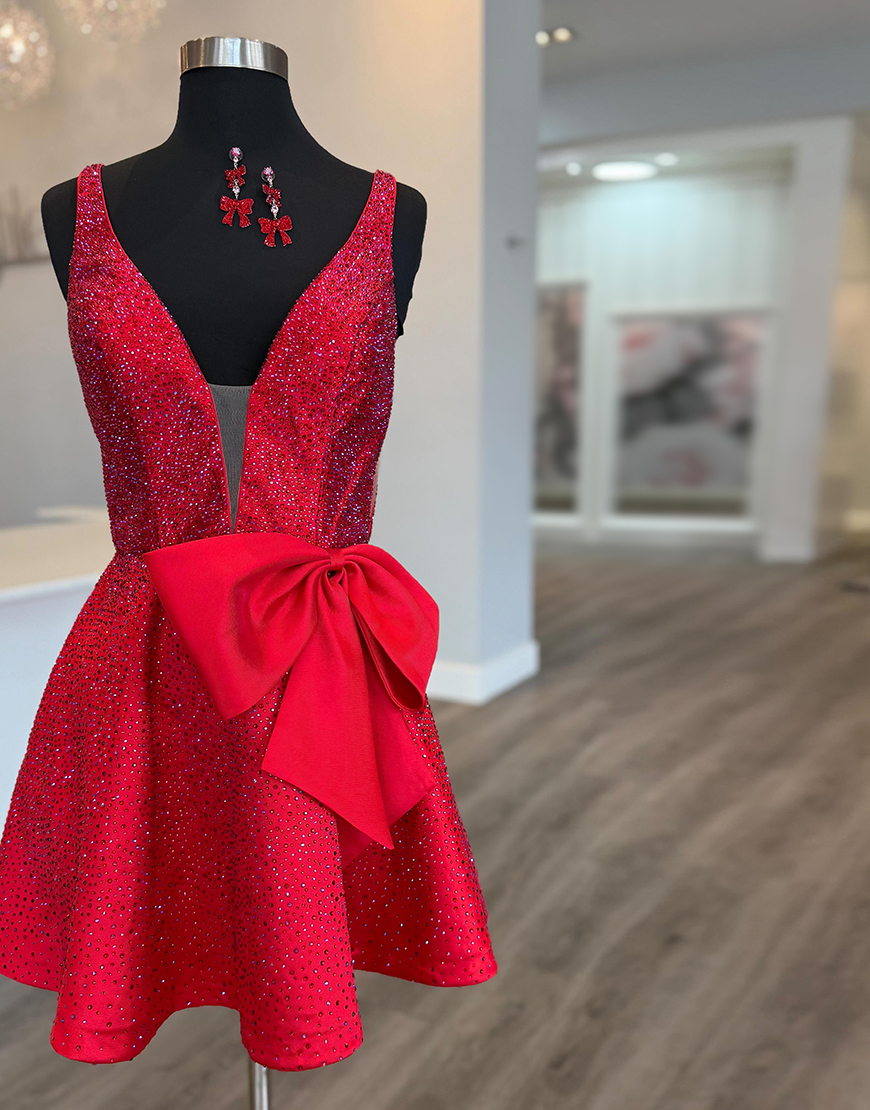 Sparkly Red A Line Beaded Short Homecoming Dress with Bow