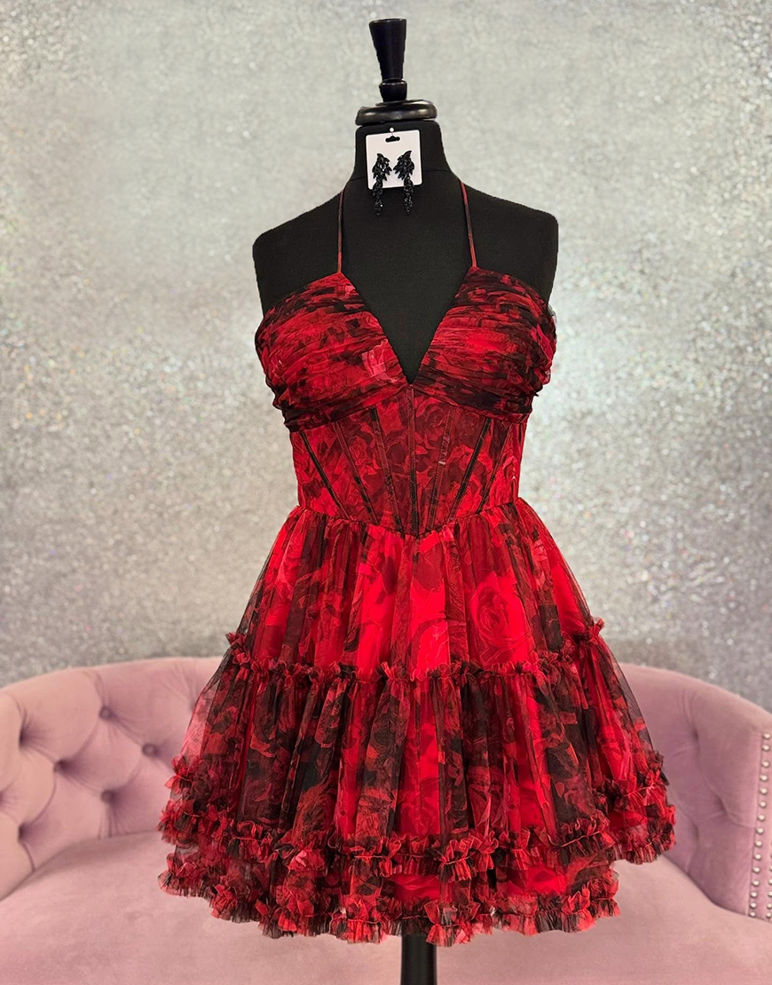 Red Halter Floral A Line Short Corset Homecoming Dress with Ruffles