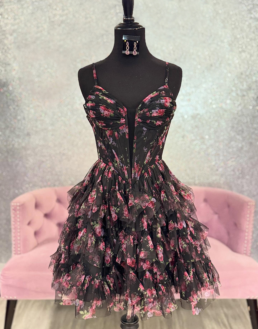 Black Floral A Line Short Corset Homecoming Dress with Ruffles