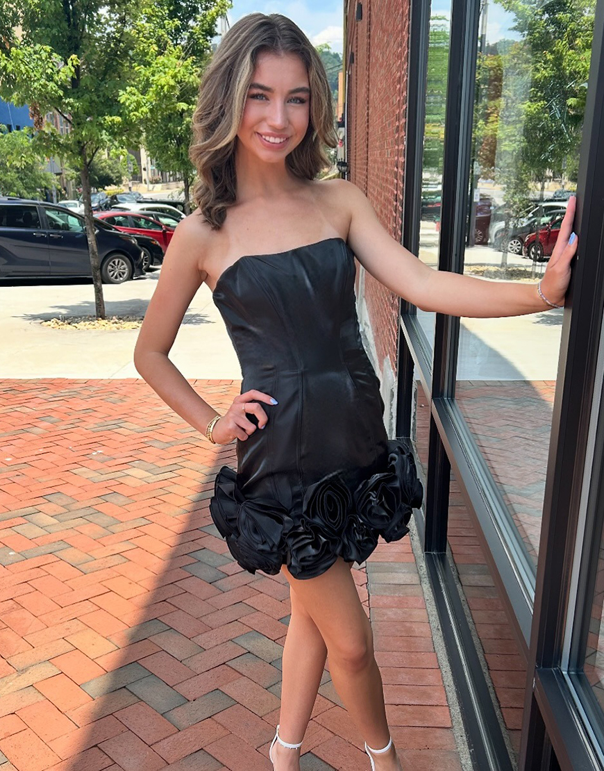 Red Floral Satin Strapless Short Satin Homecoming Dress