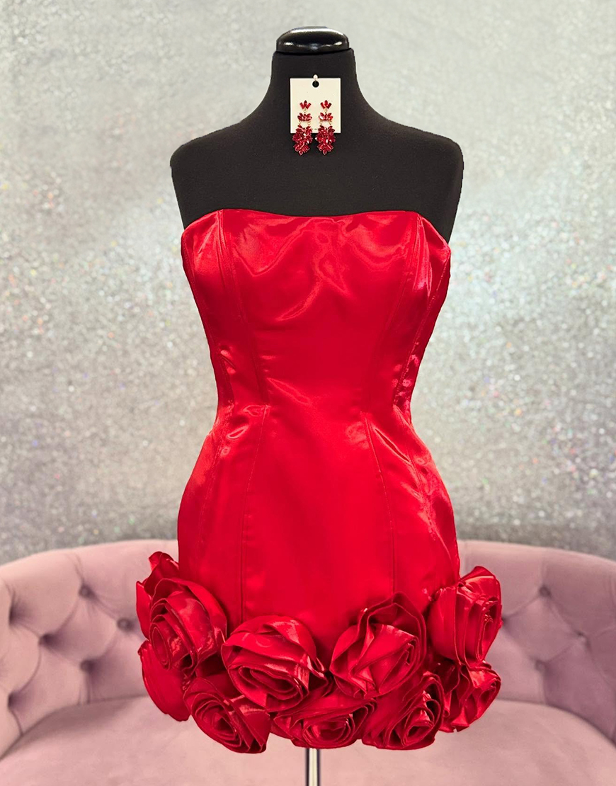Red Floral Satin Strapless Short Satin Homecoming Dress