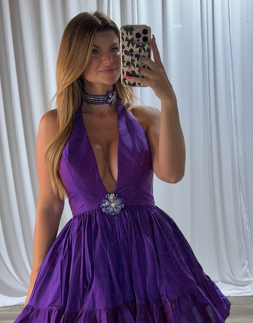 Sparkly Grape A Line Ruffled Short Homecoming Dress with Rhinestone