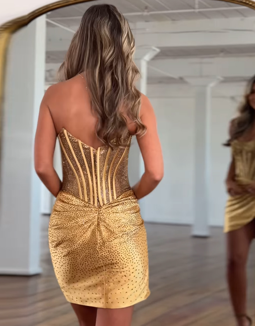 Sparkly Gold Tight Ruched Beaded Short Corset Homecoming Dress
