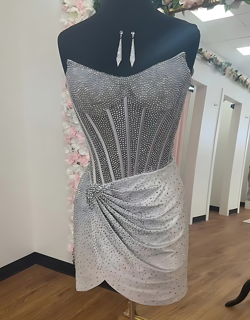 Sparkly Gold Tight Ruched Beaded Short Corset Homecoming Dress