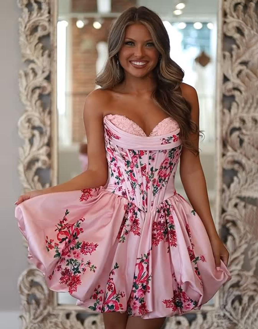 Blue A Line Floral Short Corset Homecoming Dress with Appliques