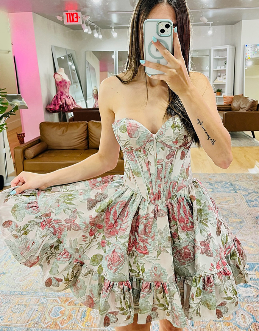 Blush Floral A Line Ruffled Short Corset Homecoming Dress