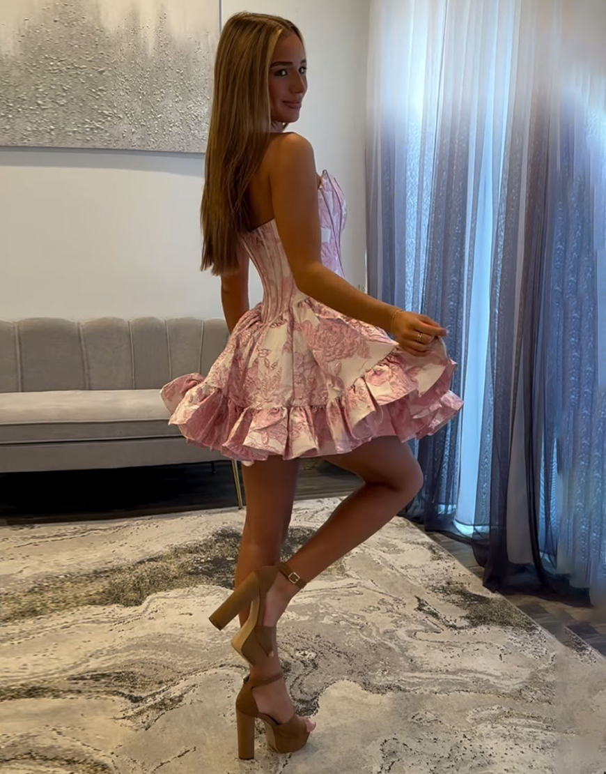 Purple Floral A Line Ruffled Short Corset Homecoming Dress