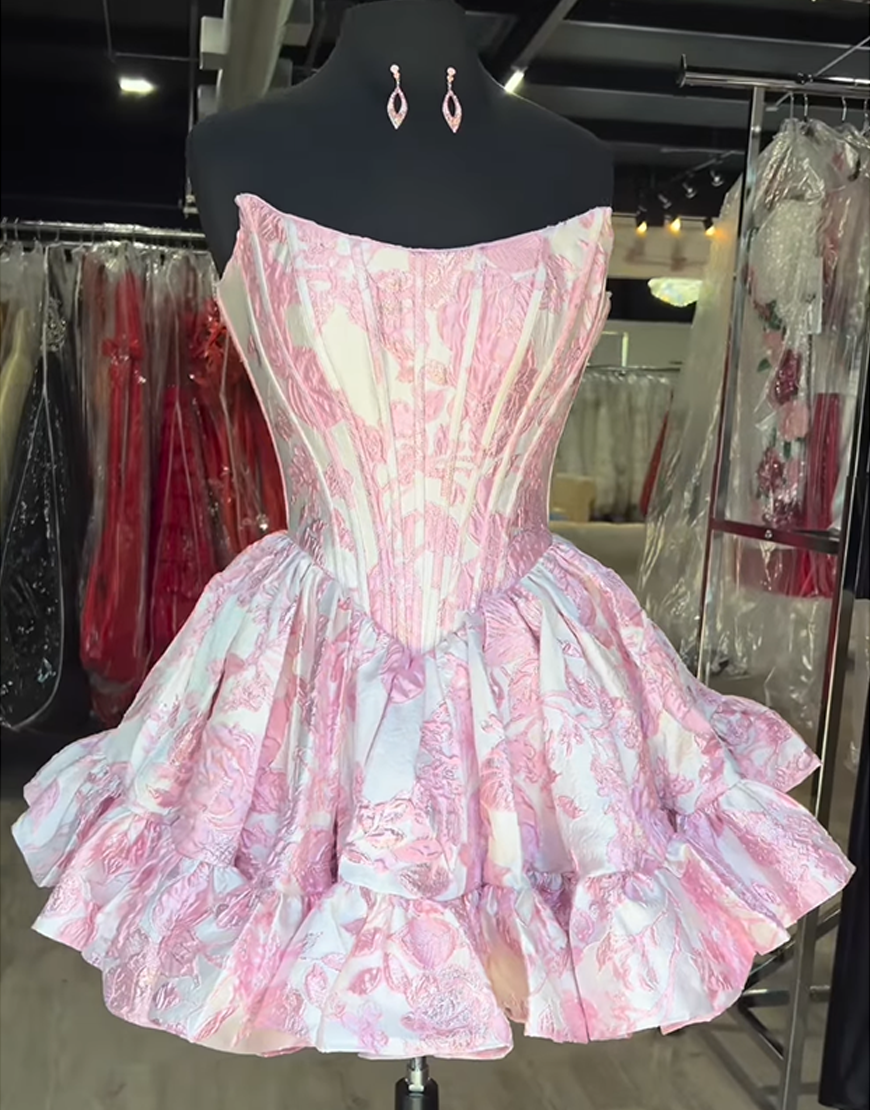 Purple Floral A Line Ruffled Short Corset Homecoming Dress