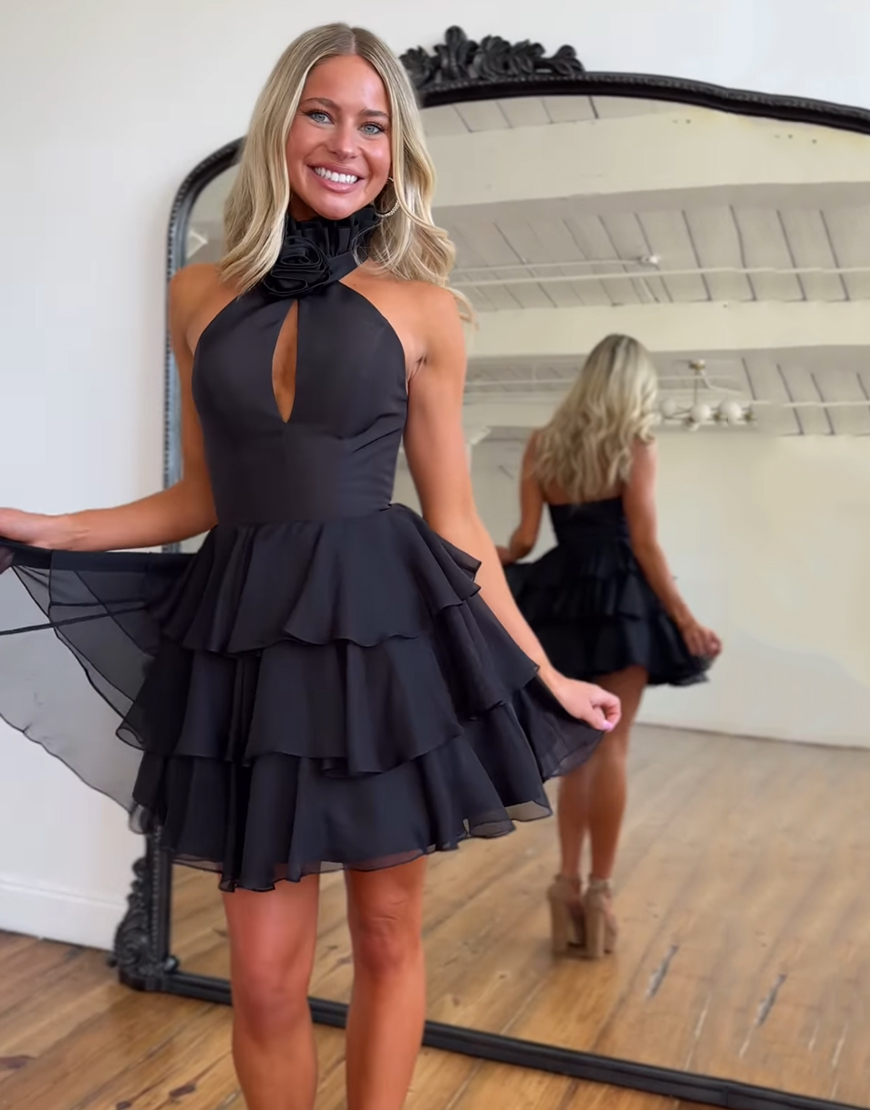 Black Floral Short High Neck  Homecoming Dress with Ruffles