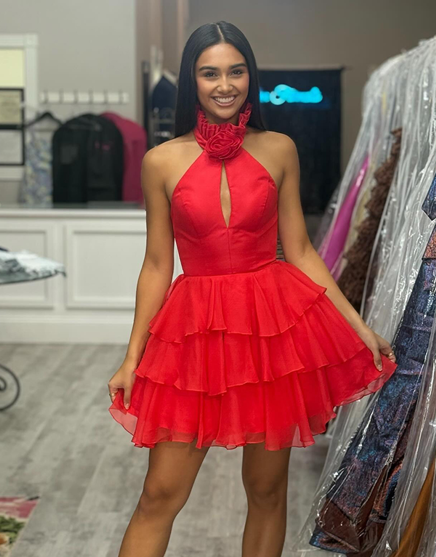 Black Floral Short High Neck  Homecoming Dress with Ruffles