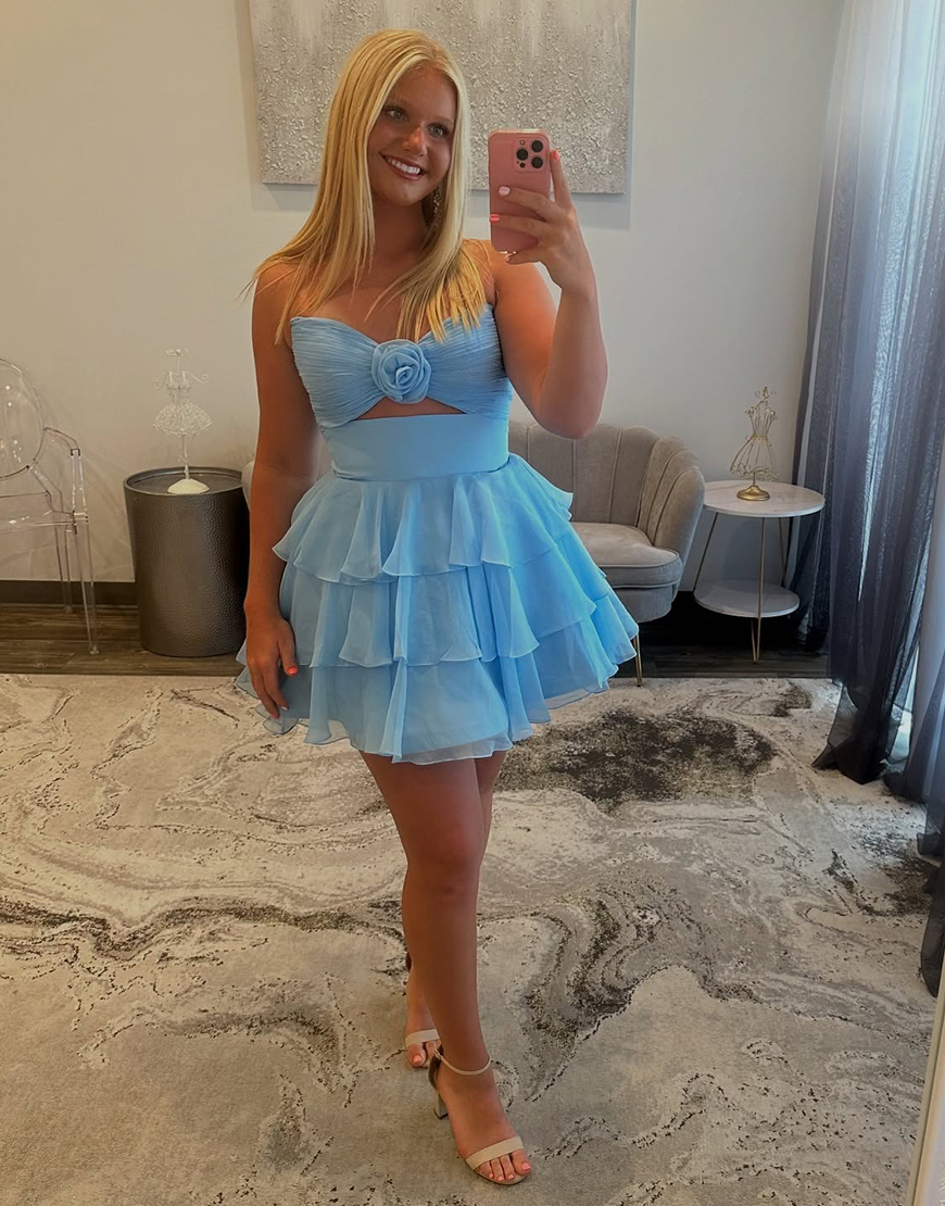 Green Floral Keyhole Ruffled A Line Short Homecoming Dress