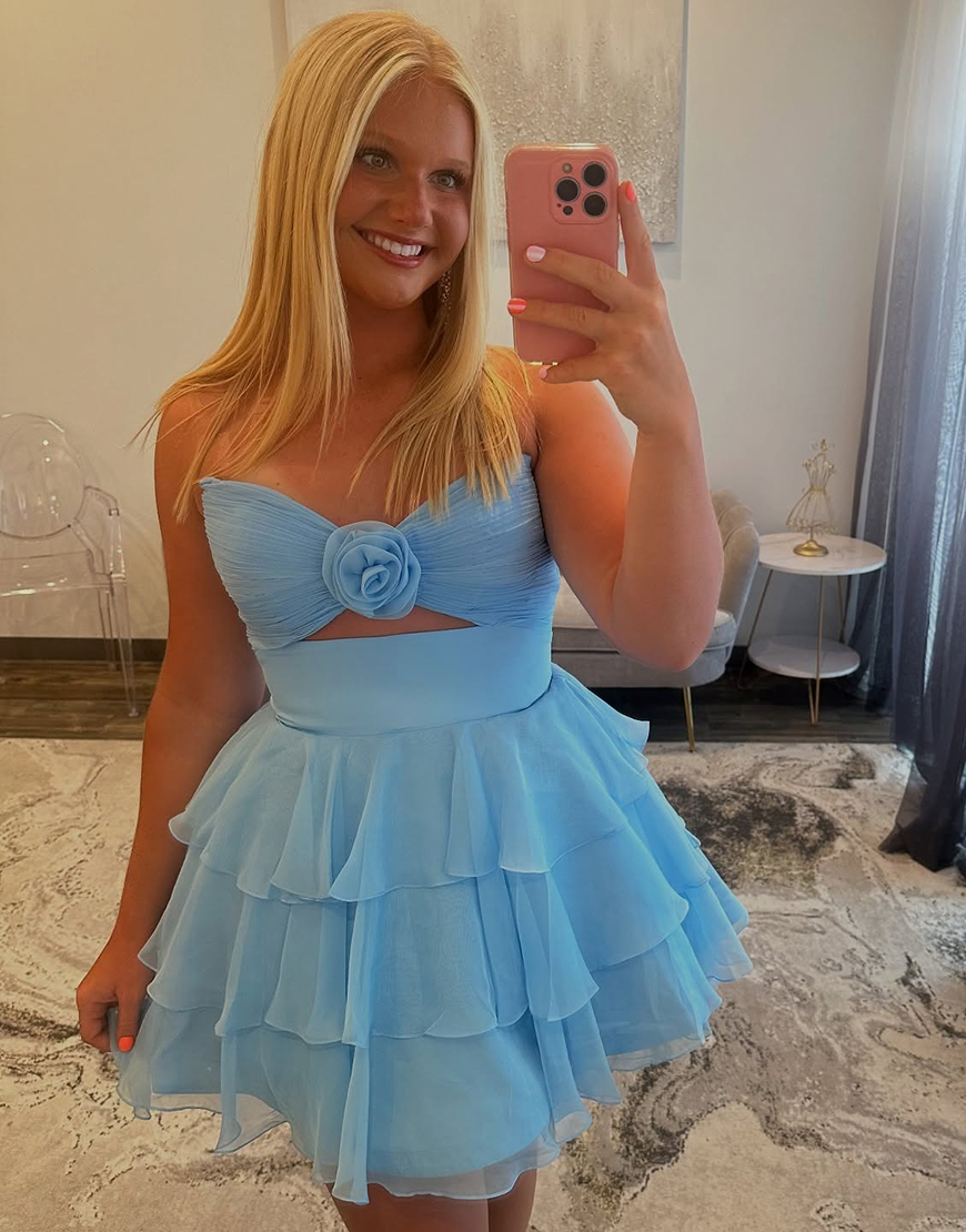 Green Floral Keyhole Ruffled A Line Short Homecoming Dress