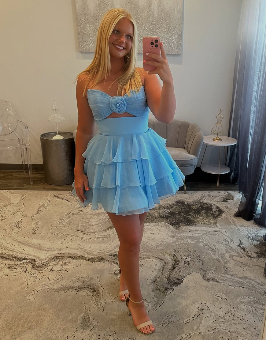 Green Floral Keyhole Ruffled A Line Short Homecoming Dress