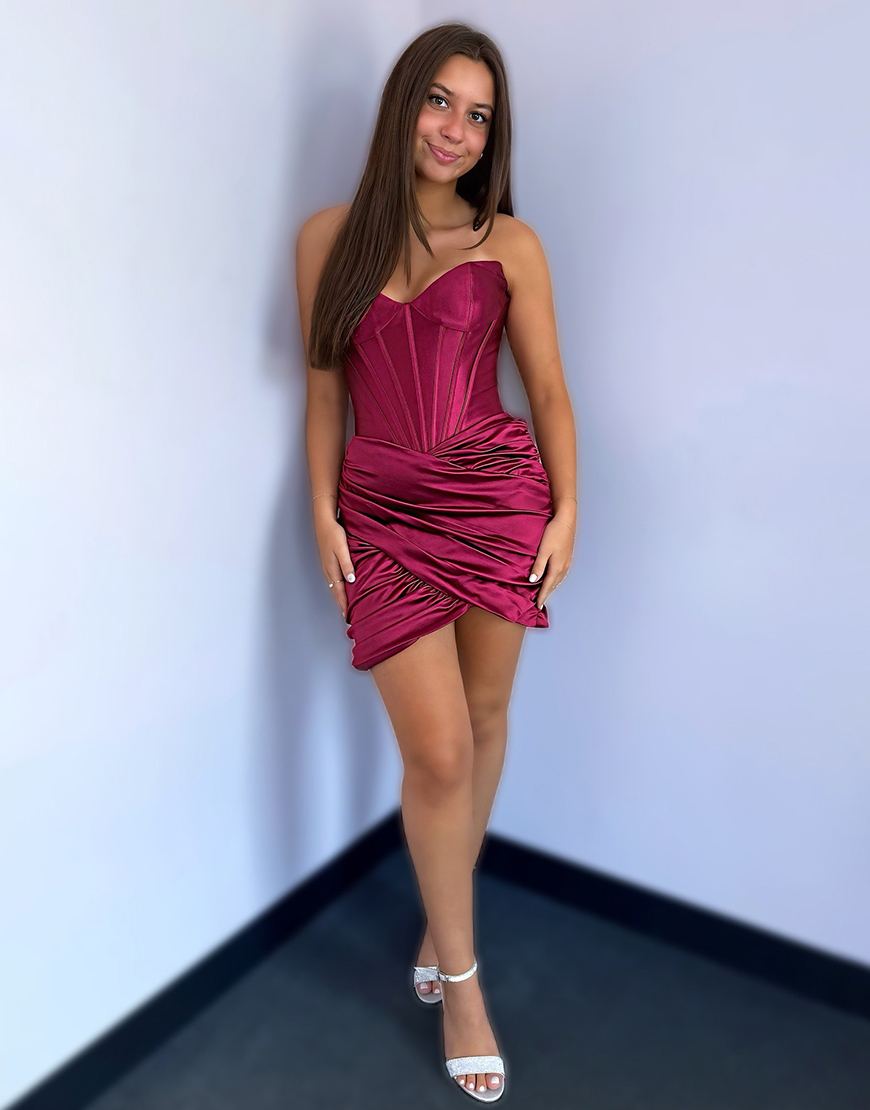 Grape Tight Ruched Satin Short Corset Homecoming Dress