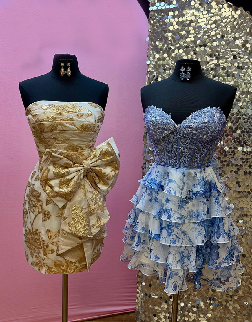 Blue Floral Ruffled A Line Short Homecoming Dress with Lace