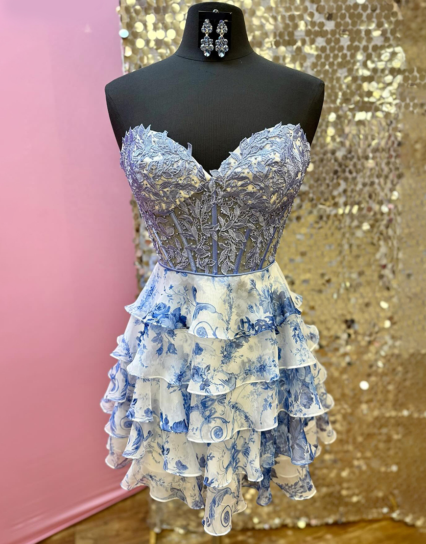 Blue Floral Ruffled A Line Short Homecoming Dress with Lace