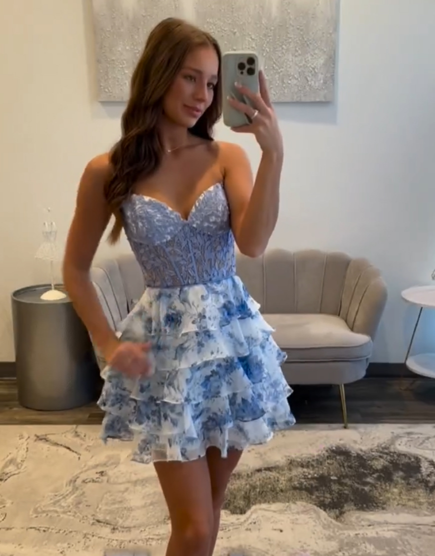 Blue Floral Ruffled A Line Short Homecoming Dress with Lace