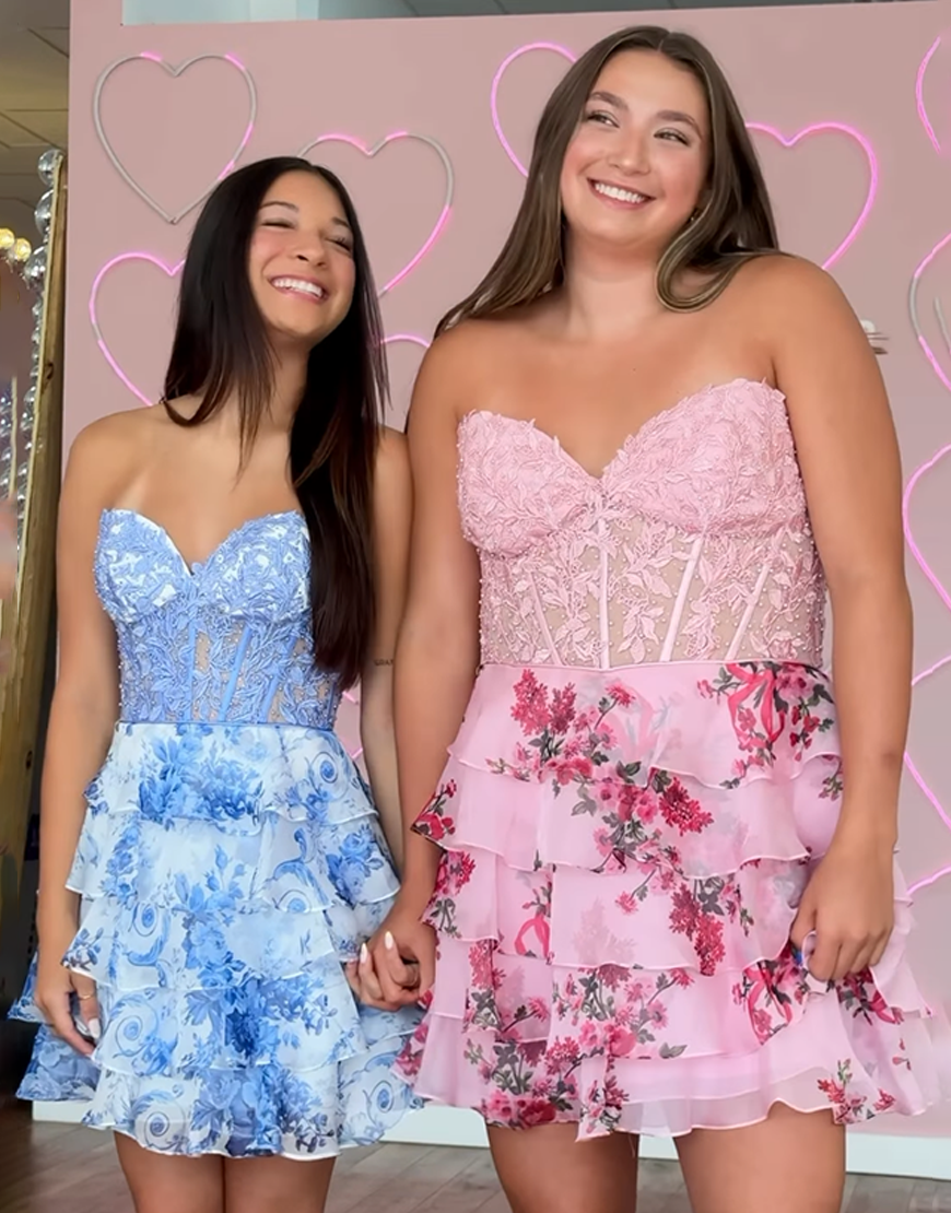 Blue Floral Ruffled A Line Short Homecoming Dress with Lace