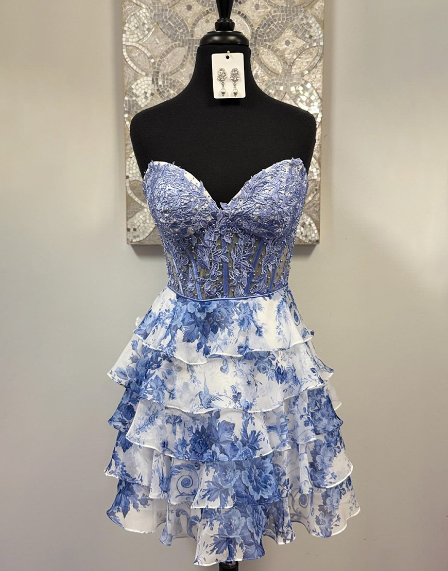 Blue Floral Ruffled A Line Short Homecoming Dress with Lace