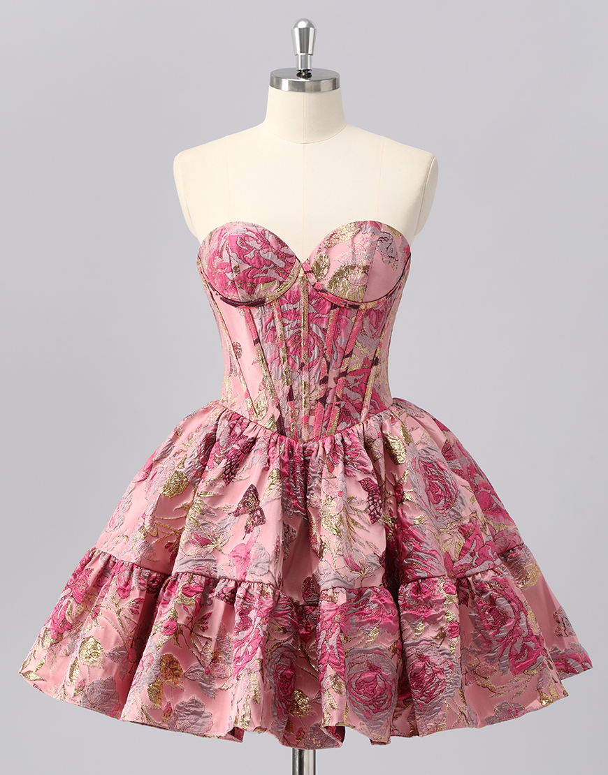 Blush Floral A Line Ruffled Short Corset Homecoming Dress