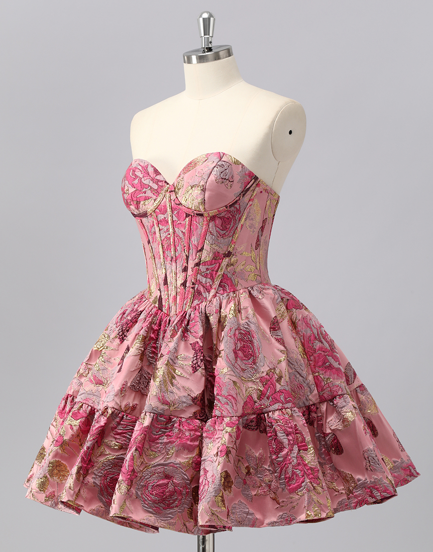 Blush Floral A Line Sweetheart Short Corset Homecoming Dress with Ruffles