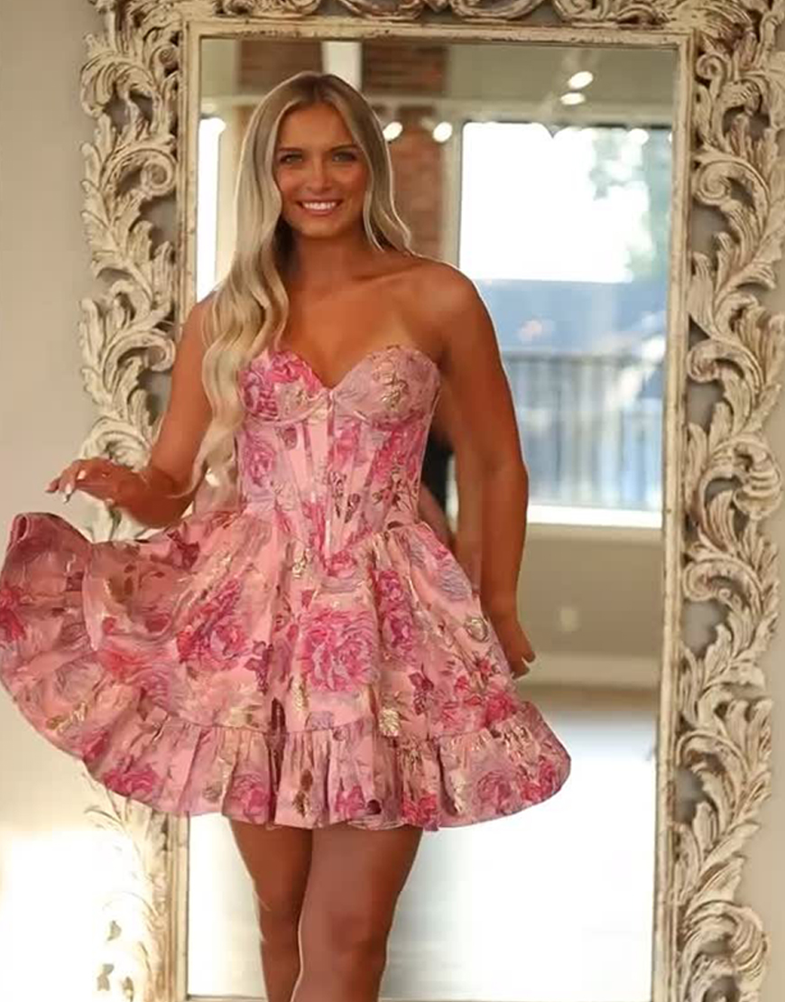 Grey Blue A Line Floral Short Corset Homecoming Dress with Ruffles