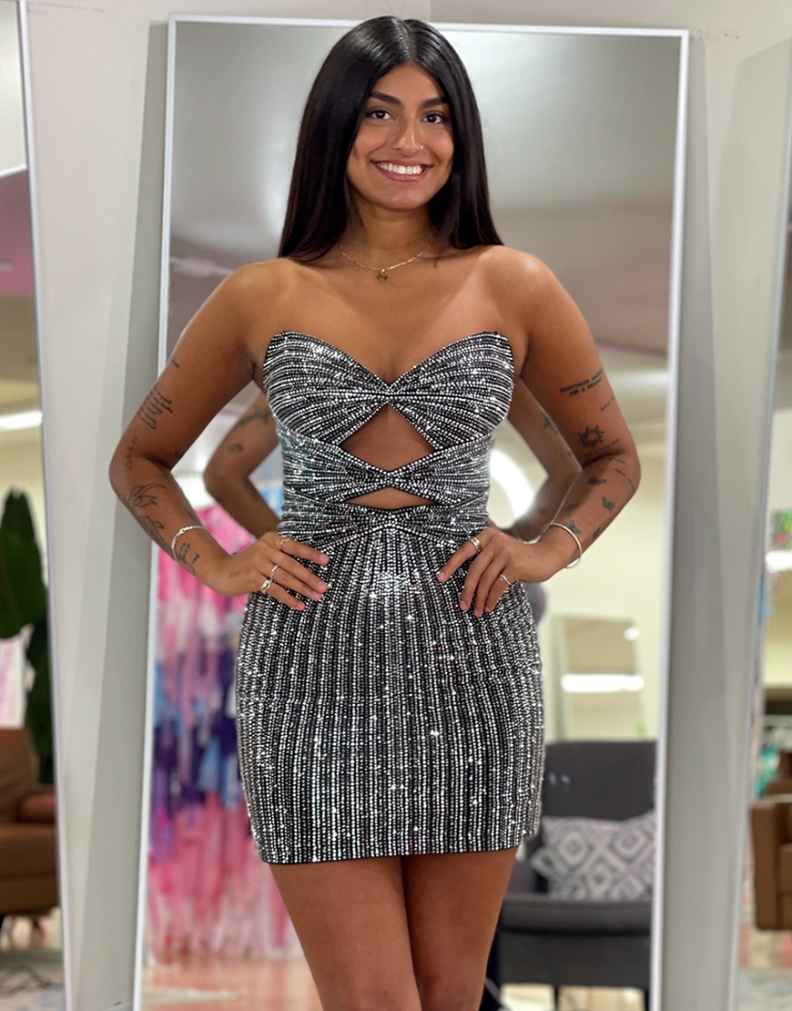 Sparkly Black Tight Short Cut Out Homecoming Dress with Beading