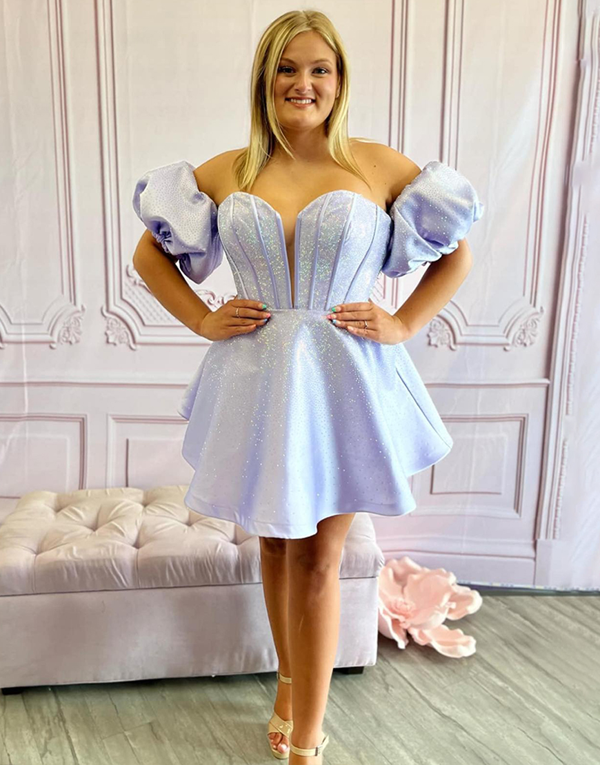 Sparkly Lilac Satin Puff Sleeves Short Corset Homecoming Dress