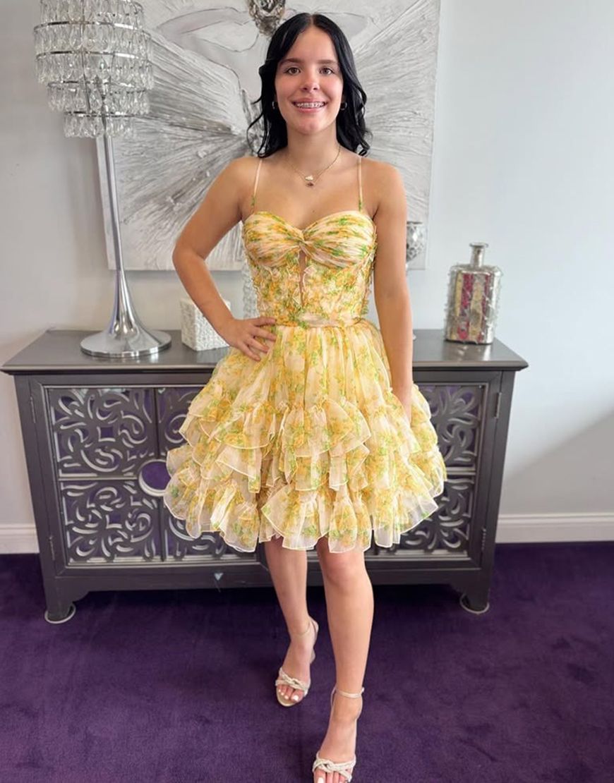 Yellow Floral Tiered A Line Short Corset Homecoming Dress with Ruffles