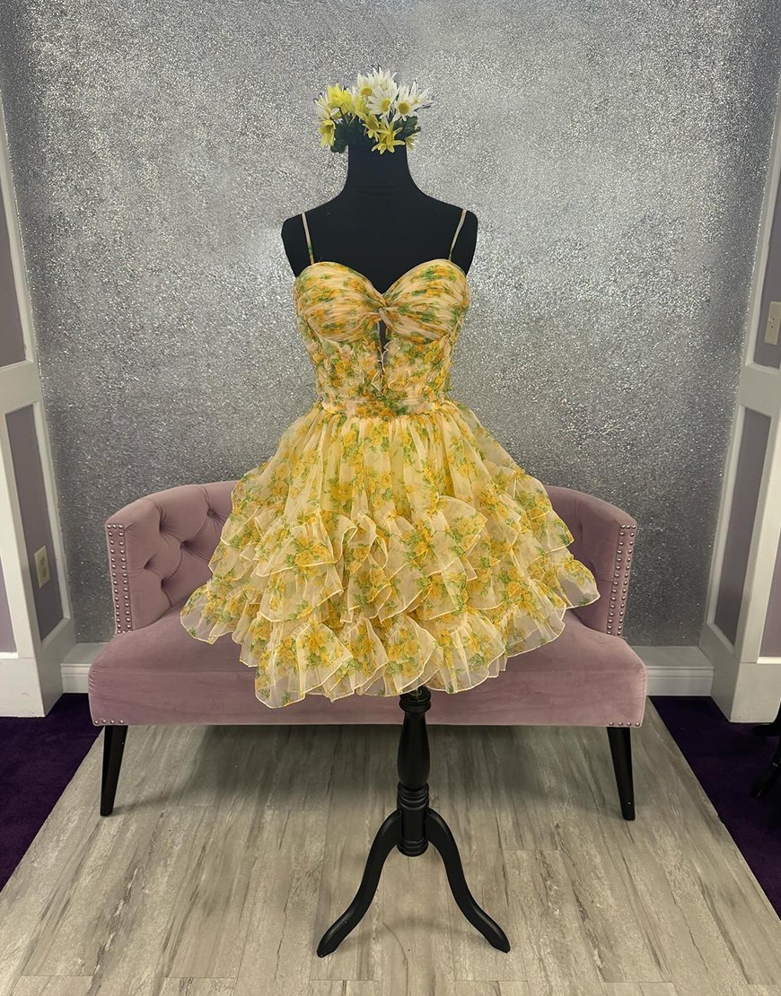 Yellow Floral Tiered A Line Short Corset Homecoming Dress with Ruffles