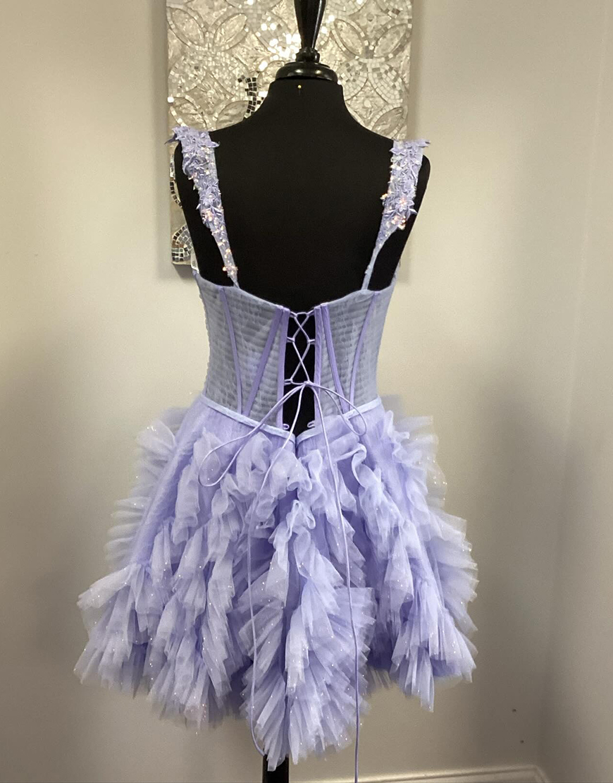 Sparkly Lilac Appliqued Tulle Short Corset Homecoming Dress with Ruffles