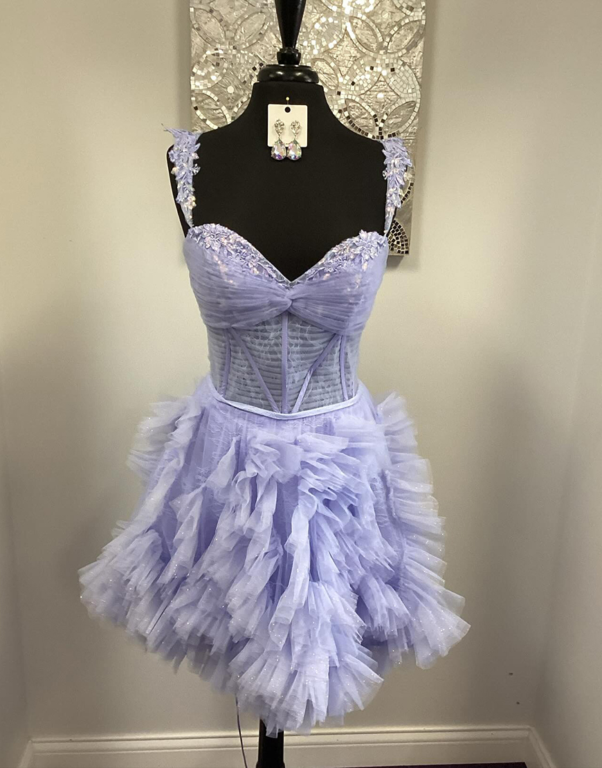 Sparkly Lilac Appliqued Tulle Short Corset Homecoming Dress with Ruffles
