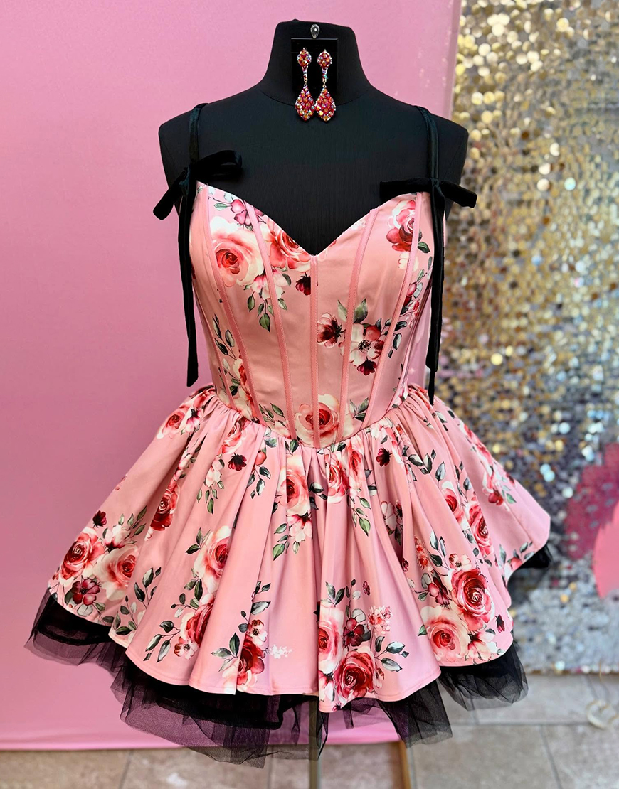 Sage Floral A Line Short Corset Homecoming Dress with Bow