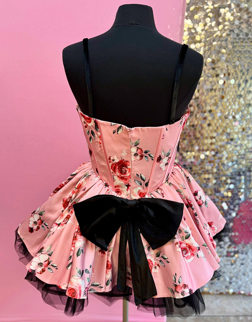 Sage Floral A Line Short Corset Homecoming Dress with Bow