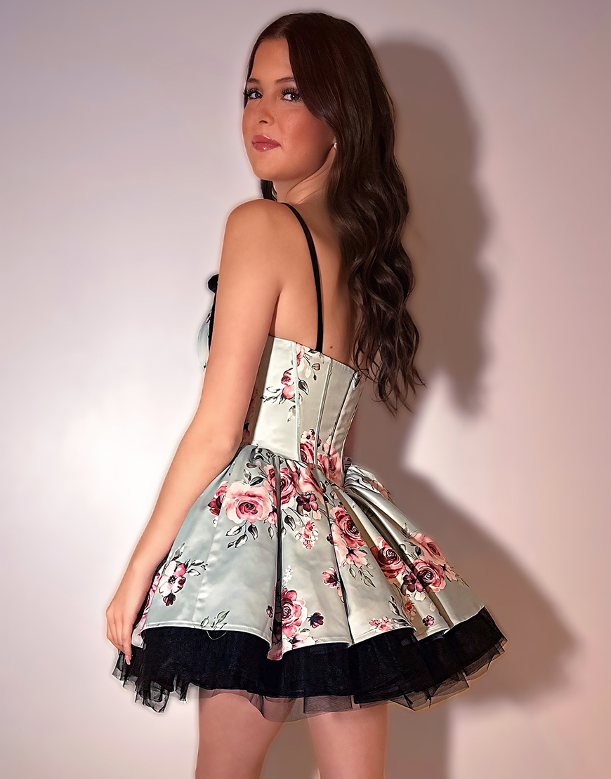 Sage Floral A Line Short Corset Homecoming Dress with Bow