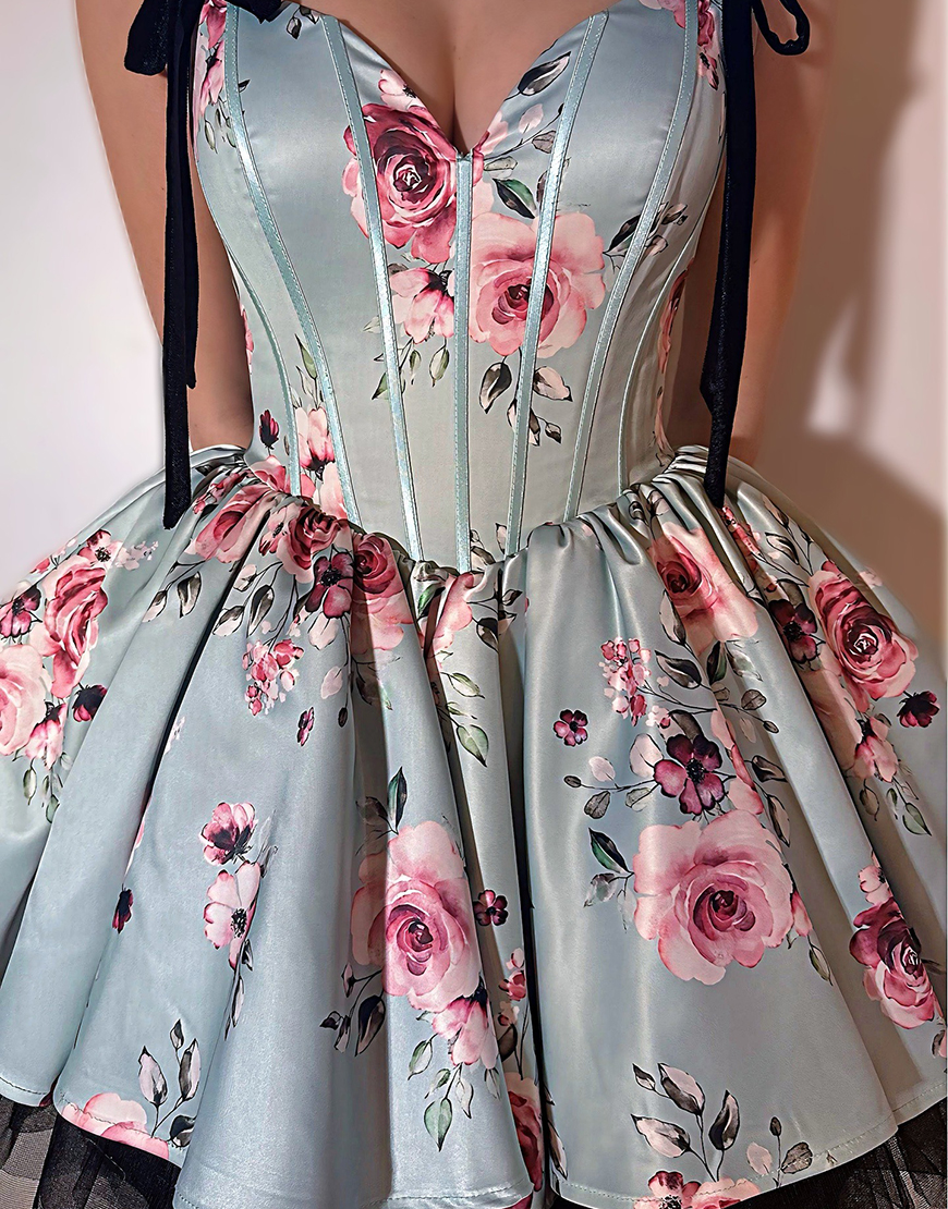 Sage Floral A Line Short Corset Homecoming Dress with Bow
