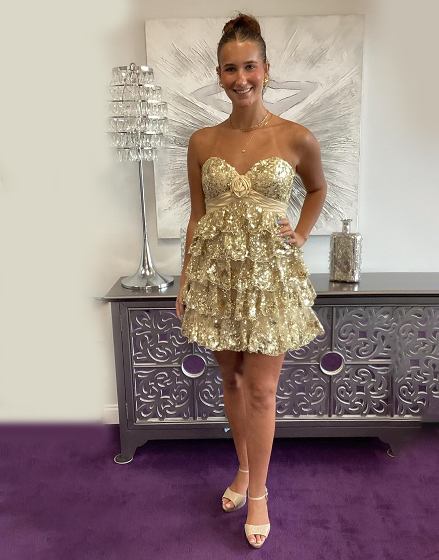 Sparkly Yellow Floral Ruffled A Line Short Homecoming Dress