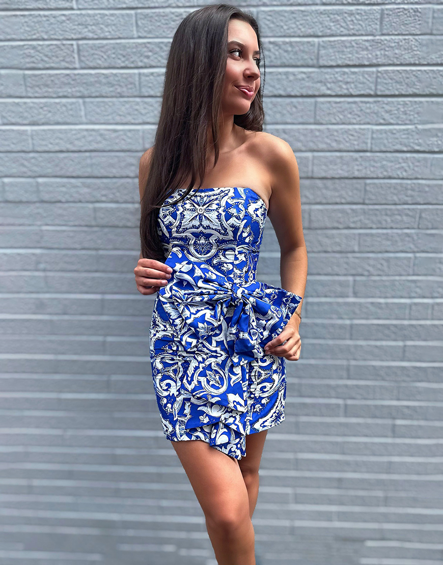 Blue Printed Tight Short Strapless Homecoming Dress with Bow