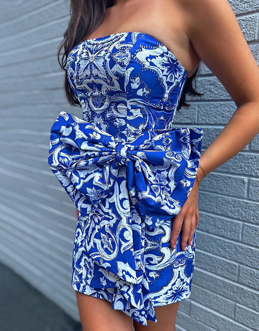 Blue Printed Tight Short Strapless Homecoming Dress with Bow