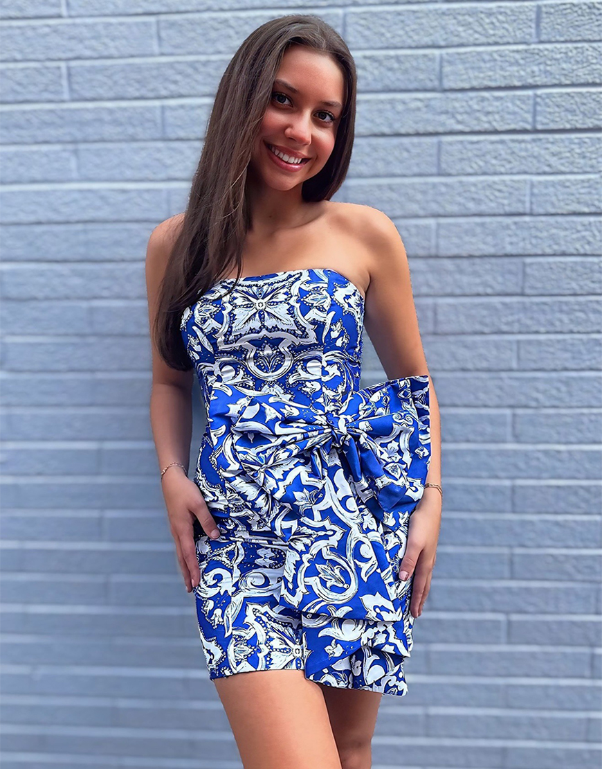 Blue Printed Tight Short Strapless Homecoming Dress with Bow